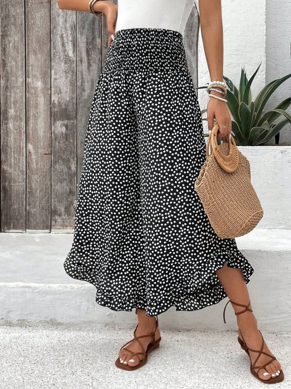 Black Boho Women's Floral Long Pants with Ruffle Hem